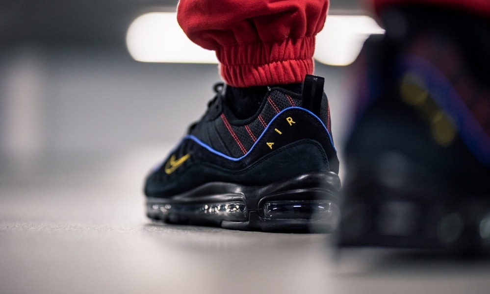 Air max 98 black amarillo university red on sale